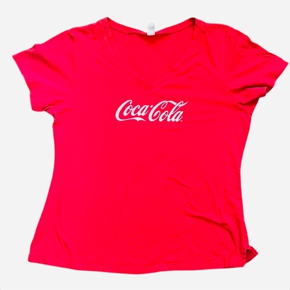 Kavio! casual Coca Cola top T-shirt graphics design Women's Large Red V-Neck - Picture 7 of 14